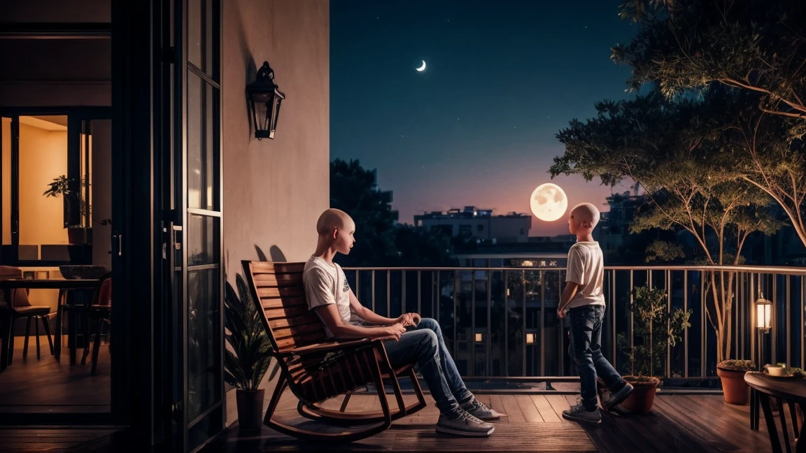 night shot, moon light, 1boy 1 girl, wearing t shirt and jeans, boy with bald head, girl with ponytail, sitting in foldable chairs, in a balcony. dual coloured sky, moon, wes anderson style, far shot, potted plants in balcony, forest silhoutte in background
