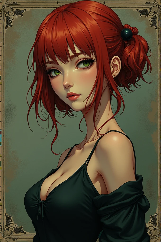 1girl, solo, red hair in loose waves, green eyes, heart-shaped face, freckles, sexy revealing clothing, degrading look, charm bracelet, delicate jewelry, neutral background, relaxed and casual, femdom, dominarix, looking down, findom, looking down, standing, dominating, mommy figure