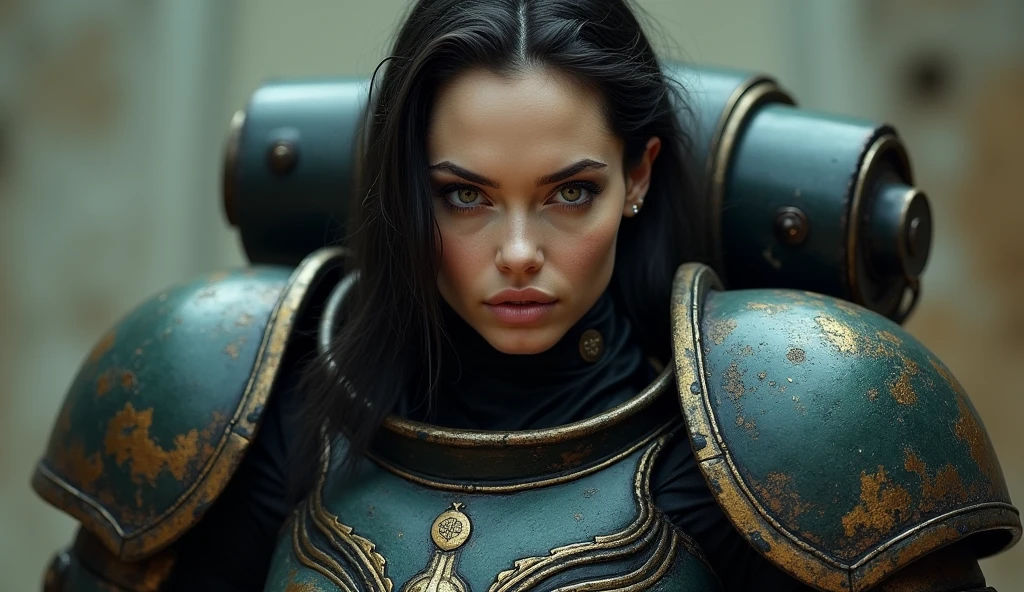 young Angelina Jolie, full body pose as a battle sister from the warhammer 40k, beautiful detailed eyes, beautiful detailed lips, extremely detailed eyes and face, long eyelashes, highly detailed armor, intricate weaponry, dramatic lighting, cinematic composition, muted color palette, gritty and realistic, mecha, science fiction, hyper-detailed, photorealistic, award winning digital art, 8k, HDR, masters work, stunning