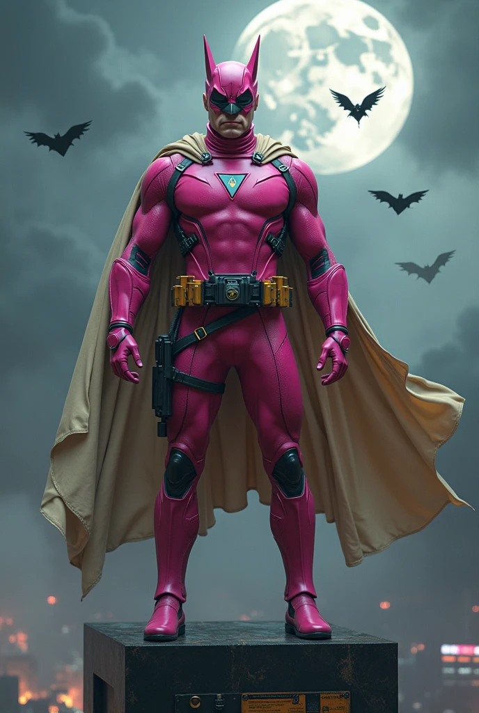 Malaysia man in high-tech suit, vivid effects, malaysian superhero (KELUANG MAN) in a striking pink and beige costume cyberpunk design, mask small mini bat ear beige, daredevil biage mask, jumpsuit dark pink stands confidently in a dramatic.jumping from high place.hero costume. Big triangle logo on the chest. Punisher logo on the chest. Fighting pose , stormy landscape. ((Head covered node guard like batman. Running pose , athletic body type, small mini ear bat mask))The character wears domino mask a helmet with pointed mini torn ears and a flowing cape biege, open nose and mouth. Equipped with visible futuristic weapons on a belt,bullet proof jacket pink dark day.show fingers pose, dark night, big supermoon effect . Small logo on chest triangle shape small punisher logo center triangle cyber logo center on chest pink logo mini logo . rocky. Building top.smoke ground , bomb effect background, losse pants, losses costume.adding to --ar 3:4 --style raw --stylize 500 --v 6.1. chaos. Lot of small flying bat. One leg on the high stone. Man . Real man age 40 year old. One hand holding belt.one hand holding black rope hanging on building