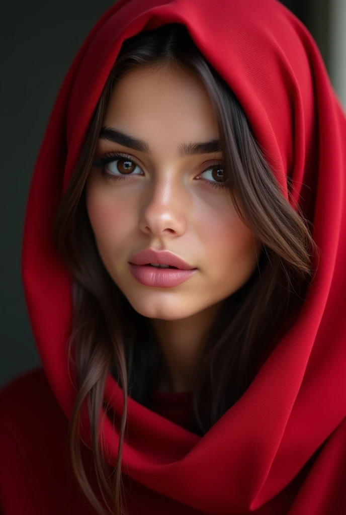 A beautiful arbic,islamic hijab girls with long silky hair and black eyes, wearing a red sutes and ,smiling at the camera. --auto --s2