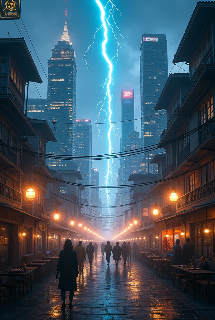 create an image that contrasts two scenes side by side. On one side, depict a bustling modern city with illuminated buildings, people using electronic devices, and electric-powered transportation. On the other side, show a more primitive or outdated scene with limited light sources like candles and basic manual tools. This juxtaposition would highlight how electricity powers modern conveniences and infrastructure that we often take for granted.