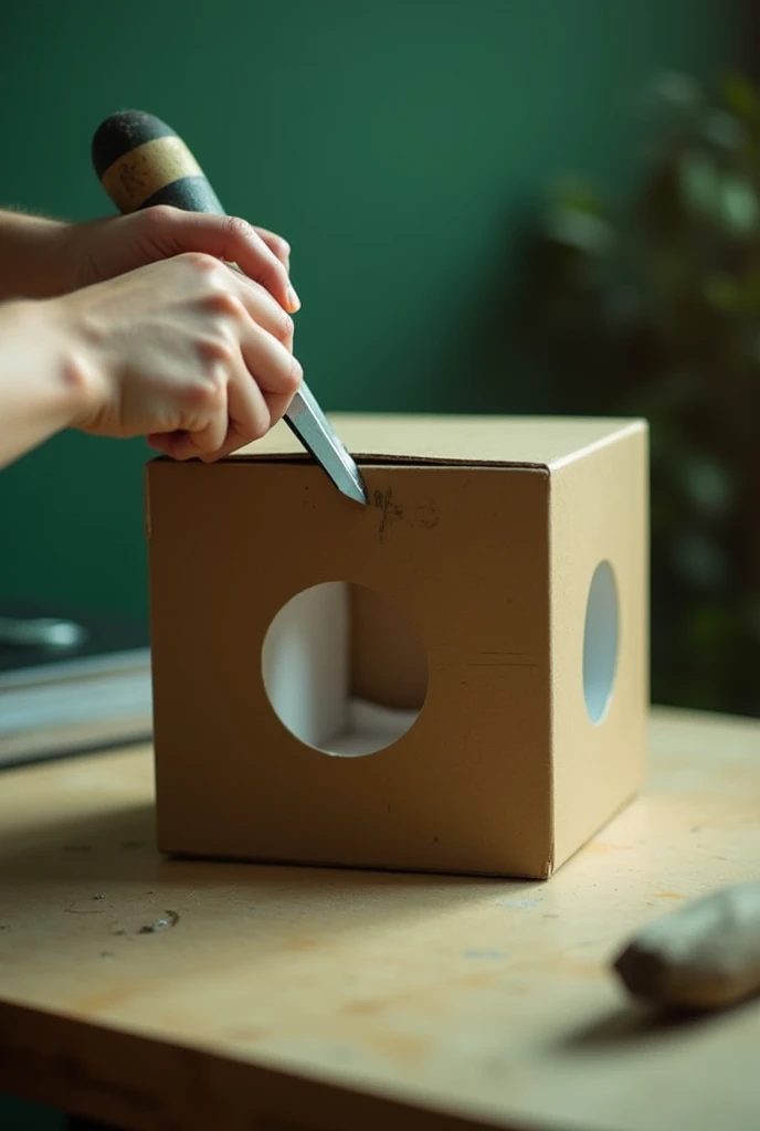 cutting a perfect circular hole ONLY ONE SIDE/ONE SIDE of the cardboard box (upright position, You only see the hands doing the work, All this is done on a table and with a subtly green aesthetic filter.