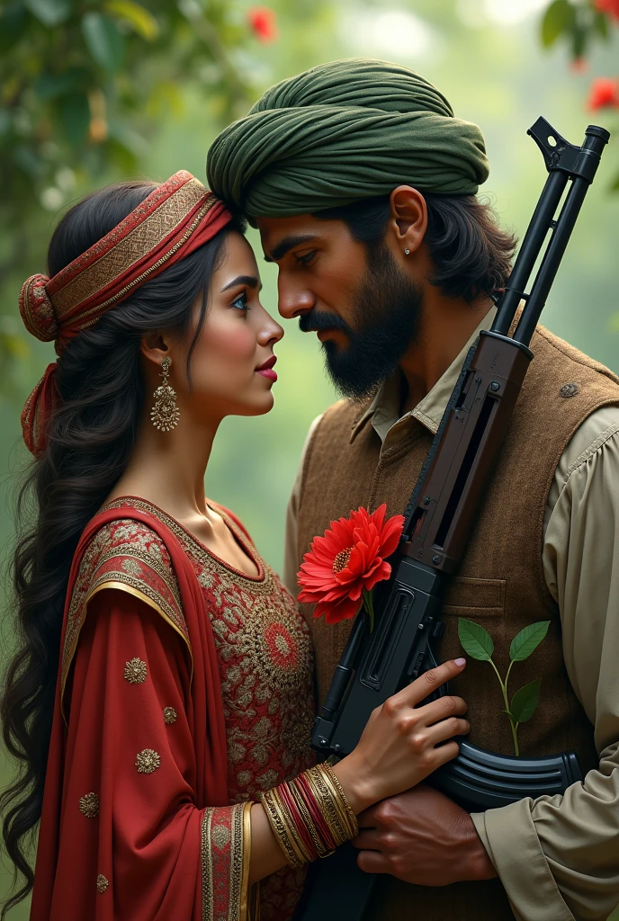 a typical pathan having Ak47 in his hand while wearing pathan's traditional cap pakool standing with his girl friend and the girl friend hold red flower in her hand and both looking beariful green and blue eyes and the girl friend wearing pathan's traditional clothes and the boy have also pathan traditional clothes and girl friend giving him flower