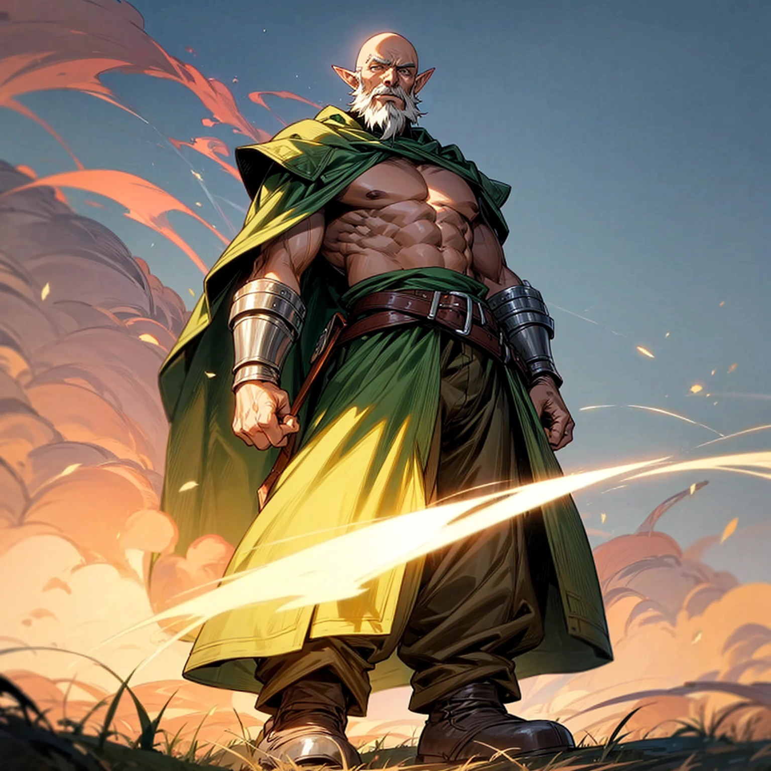 Solo character, full body version, old man, long chin beard, tall height, big man, largest muscle, (elf), green eyes, brown color hair, bald hair, topless, blue long pants, belt, boots, outdoor, field, Greenland, fire effect, smoke effect, medieval, standing gesture, detailed background, detailed clothing, detailed hair, armor arm, Bleach style art), black Coat 