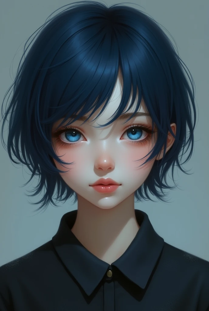 short dark blue hair dark blue eyes white skin brown