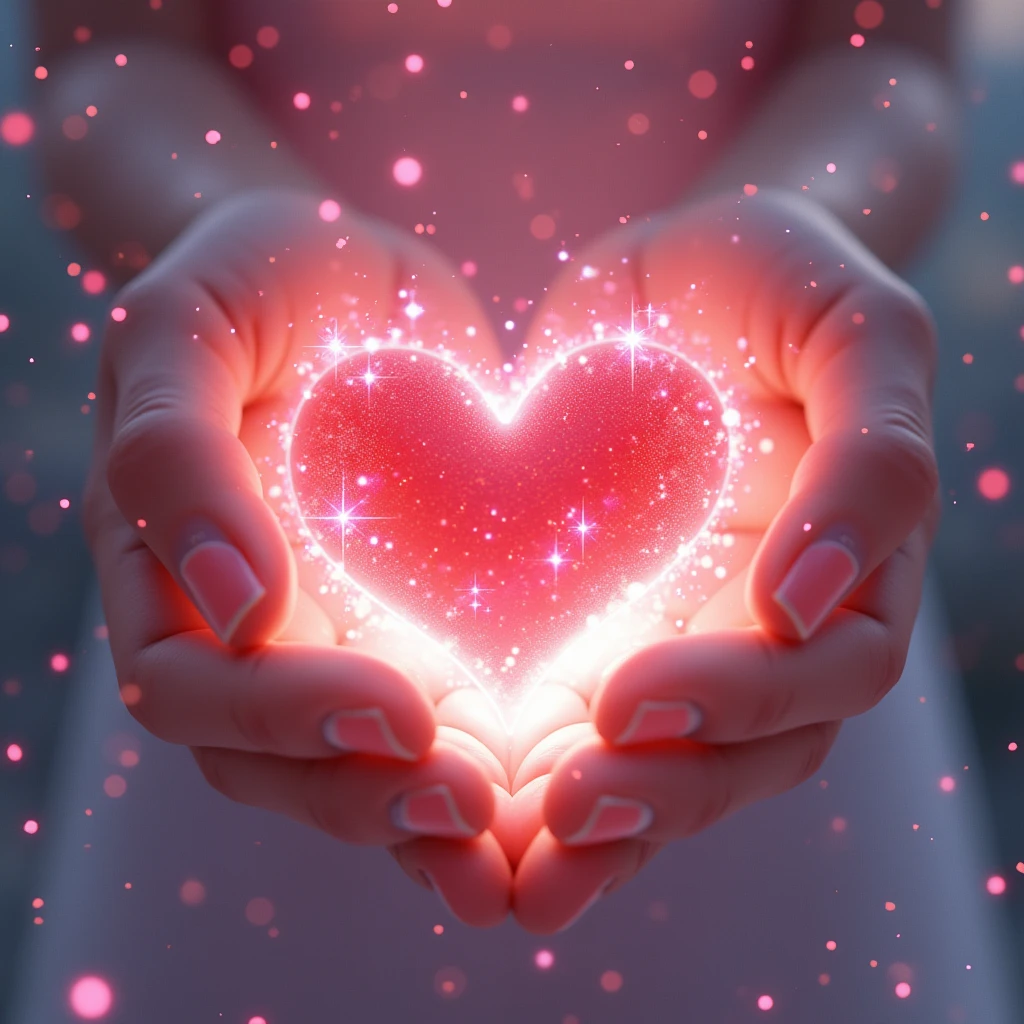 Expressing the love in your hands、Heart in hand、pink、Particles of light、shine、Sparkle、Sparkle Effect, Illustration, 8k octane, Decorative art, Digital Art, Gothic art, Soft Light, Gentle colors, anime、