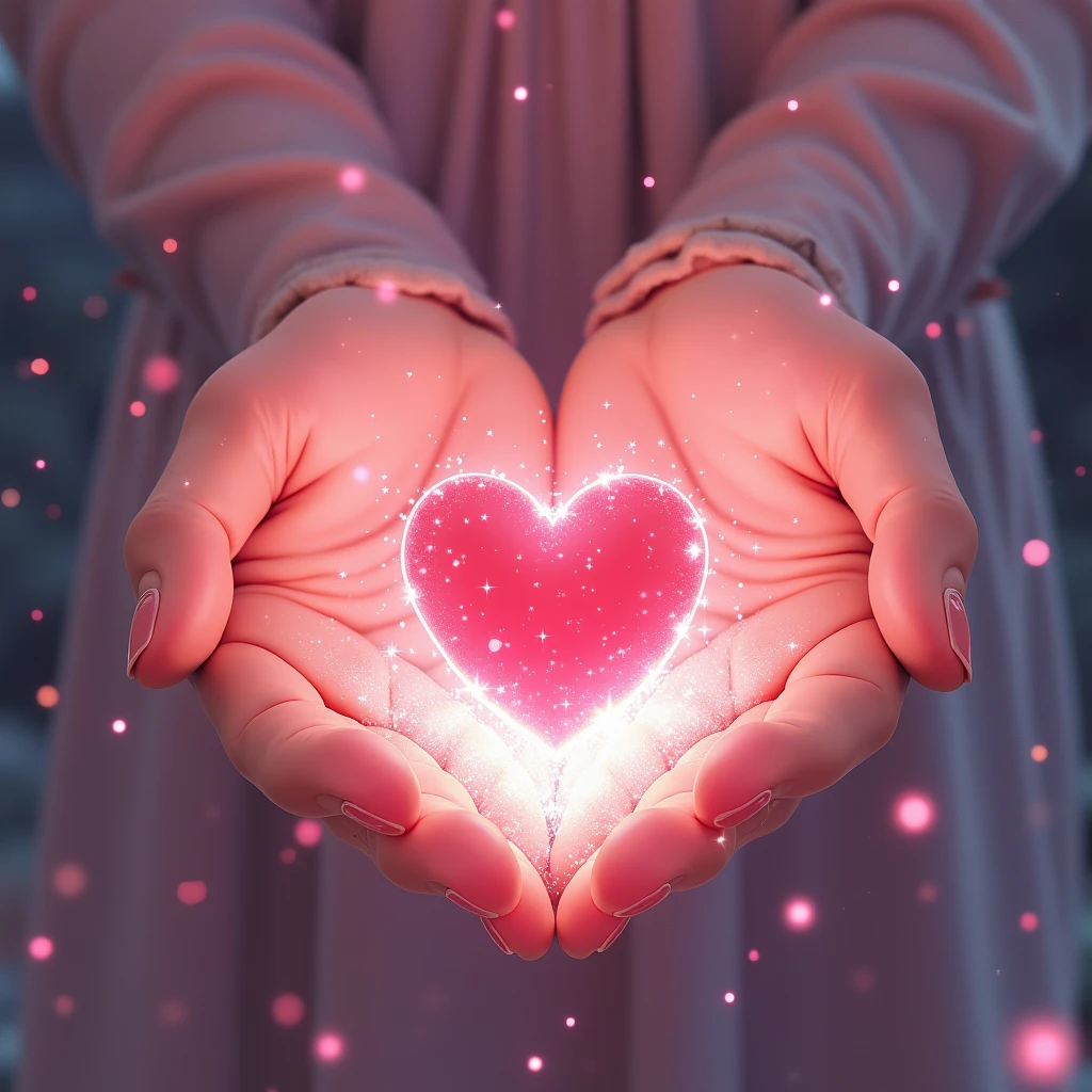 Expressing the love in your hands、Heart in hand、pink、Particles of light、shine、Sparkle、Sparkle Effect, Illustration, 8k octane, Decorative art, Digital Art, Gothic art, Soft Light, Gentle colors, anime、