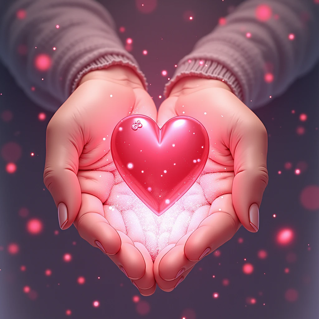 Expressing the love in your hands、Heart in hand、pink、Particles of light、shine、Sparkle、Sparkle Effect, Illustration, 8k octane, Decorative art, Digital Art, Gothic art, Soft Light, Gentle colors, anime、