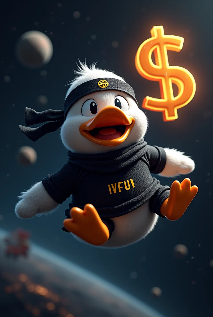 "Imagine a ninja-style duck floating in the vastness of space. The duck is dressed in a sleek, dark ninja outfit that contrasts with its bright IVFun logo t-shirt. It wears a headband with a symbol that adds to its stealthy look. The cosmic background is a deep, star-studded black with distant planets and asteroids adding depth and intrigue. The duck's face shows a dramatic expression of shock and excitement, with wide eyes and an open beak. It’s staring at a massive, radiant dollar sign that floats in front of it, representing a staggering increase in profits. The overall scene combines the cool, disciplined aura of a ninja with the thrill of a sudden financial success." 8k