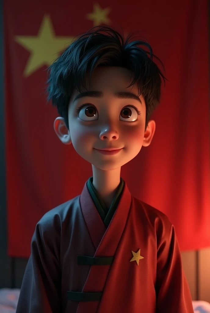 naughty man tranquilo, Youngh, detailed short hair, wearing a hanfu with a Chinese flag, Half body image display, dark bedroom, tom, Pixar-style, 。.3d, animated cartoon, detail, asymmetric 16k, (1024x1024), Asian eyes, china flag in the background, chinese flag in hanfu, china, computer, naughty man, masculine, no lights, murky, masculine, pixar