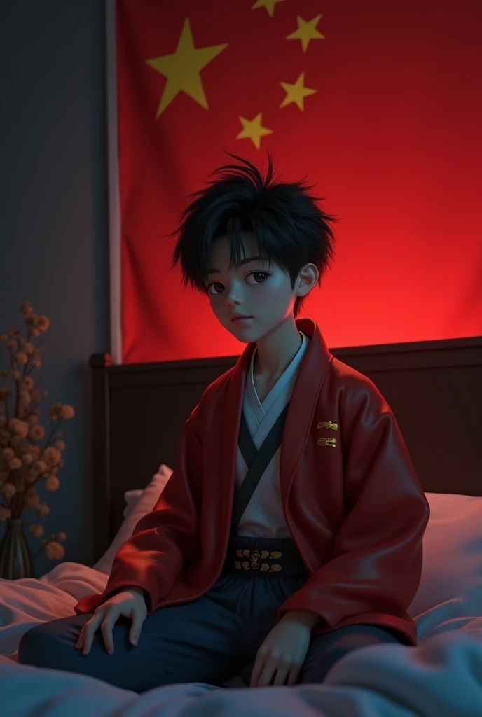 naughty man tranquilo, Youngh, detailed short hair, wearing a hanfu with a Chinese flag, Half body image display, dark bedroom, tom, Pixar-style, 。.3d, animated cartoon, detail, asymmetric 16k, (1024x1024), Asian eyes, china flag in the background, chinese flag in hanfu, china, computer, naughty man, masculine, no lights, murky, masculine, pixar