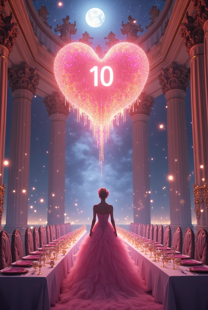 A tremendous god々Shi Big beautiful chandelier Number 10 in a heart at the bottom(((((((Central 10)))))) ((((((((Number 10)))))))) Celebration Time The flow of time lives with music in memories Soft Light Dinner at the Palace of Versailles Hall of Mirrors A beautiful pink moonlit night dinner party with no one around The magic of the full moon shining in the dark night A starry sky Another dimension, a mysterious pink color (((((((No people in sight)))))) The sparkling little feathers and stardust are beautiful. The beautiful woman everyone admires wears a gorgeous dress studded with jewels. Beautiful 8K images Highest quality images Dinner for one On a long dinner table The world is full of love Rainbow-colored feathers fall softly like a sunrise