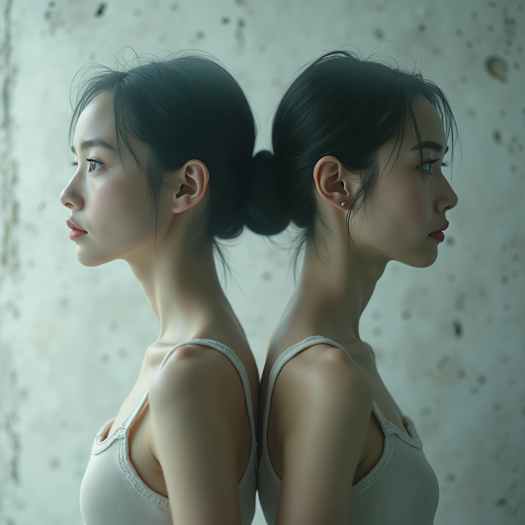 Identical twin sisters、Edit Photos,Highly detailed background,Ultra-realistic,Double exposure,Depth of written boundary,Beautiful silhouette super slim young video,Soft Focus Pure Tone,Story Scene,Plain lyocell camisole,Leaning against a concrete wall,From directly below,