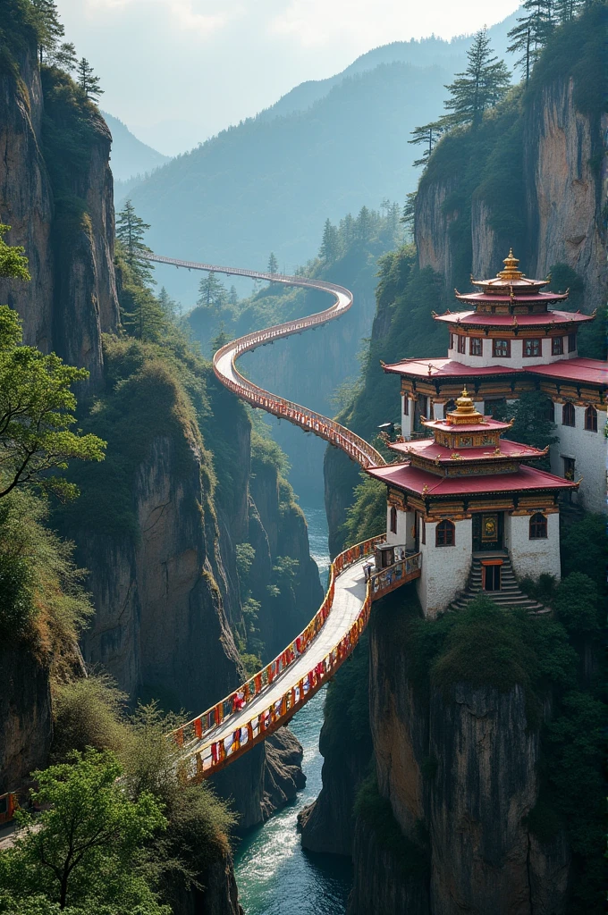 Bhutan with magnificent buildings and flying road