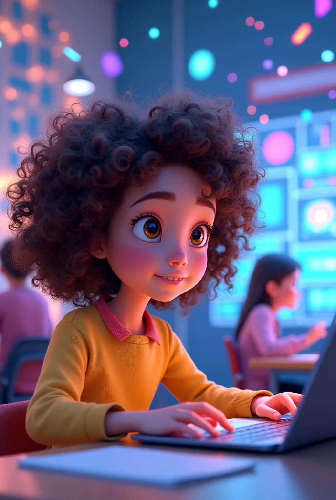 Brunette curly girl in virtual animated class