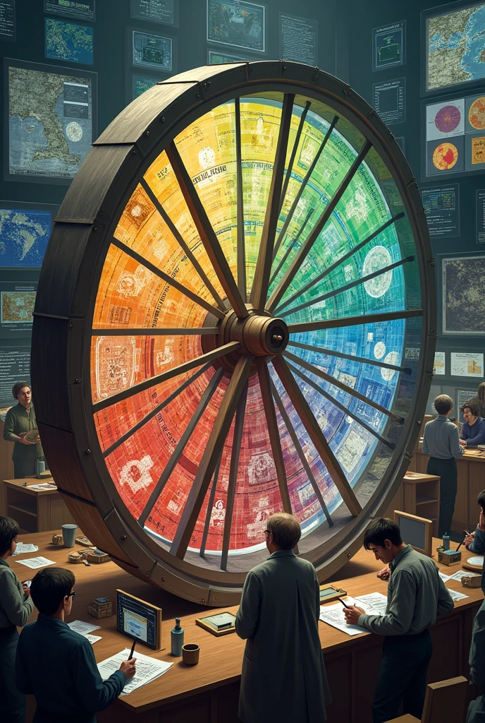 Imagine a large spinning wheel in the center of a historical research room.. Each section of the wheel is divided into colored segments, each representing different historical phenomena, as technological advances, social changes and cultural discoveries. As the wheel turns, arrows and lines connect between segments, illustrating how each change in one area affects and is affected by others.

Scholars are around the wheel, adjusting and analyzing these connections with digital tools and interactive graphics that show how, For example, an increase in food production leads to population growth, what, A sua volta, stimulates new inventions and cultural changes. On a nearby table, There are a number of diagrams and notes that detail how these cycles intertwine and repeat themselves throughout history..

The environment is busy and vibrant, with screens showing simulations and historical maps that illustrate the complexity of interactions between different phenomena. The atmosphere reflects the idea that history is a continuous and interconnected cycle, where each change triggers a series of effects and new transformations.
