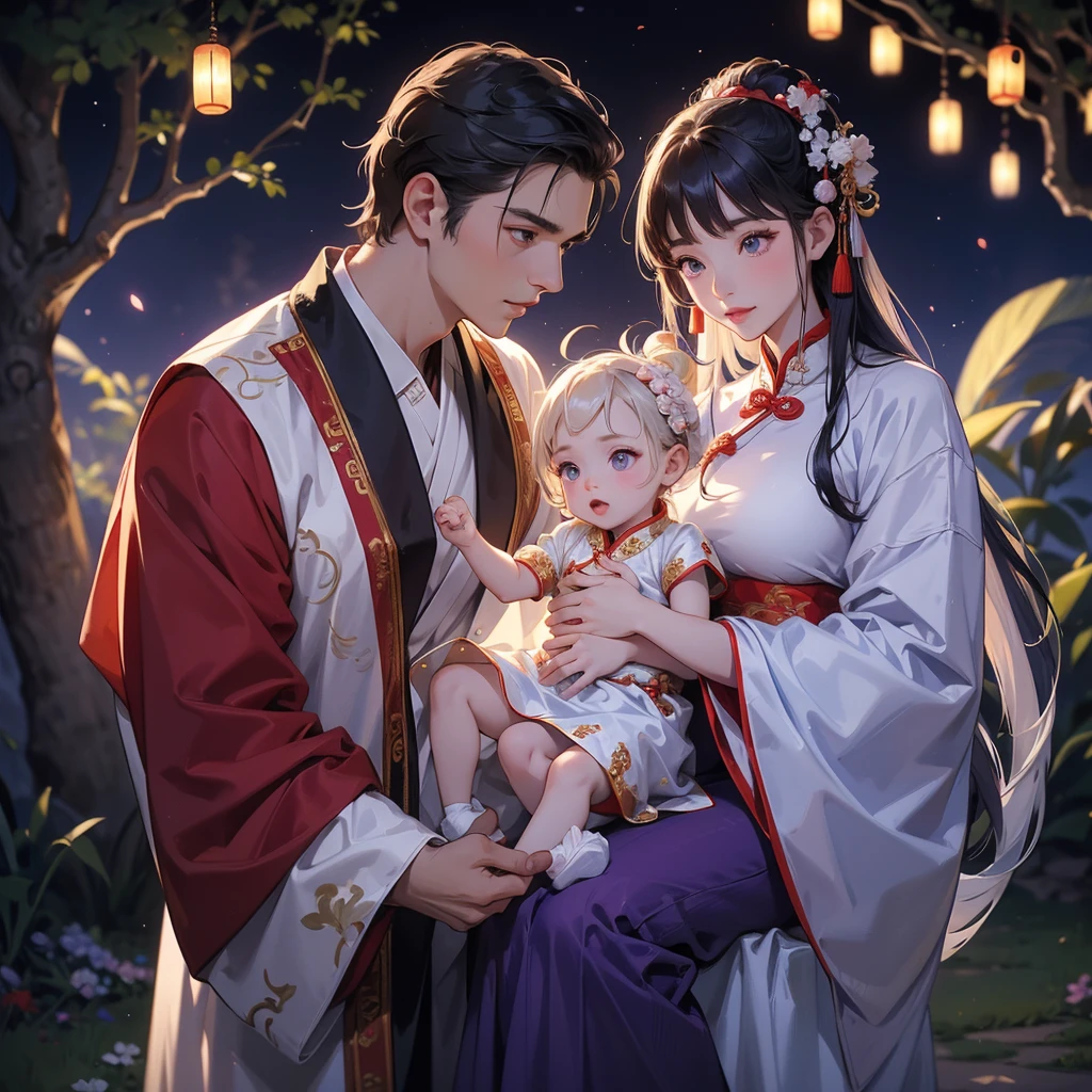 A one-year-old baby boy in an ancient Chinese baby costume with his beautiful mother, dressed in an white ancient Chinese costume, playing with each other, with his handsome father standing next to his mother, close up.

Background is a dark moonless night, with dry trees in the background, and purple glowing light