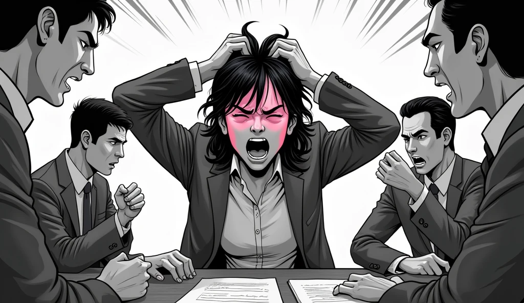 Create a black and white manga style image with colored highlight point on the image, In this image I need to portray a dramatic scene of someone who can no longer stand working in underemployment, yelling, with hands on head pulling hair, clients and the boss putting psychological pressure on.
