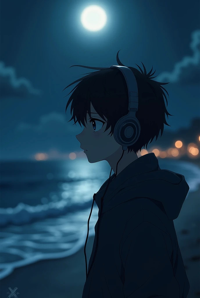 Generate aesthetic pic of a sad and smart anime boy, wearing headphones near beach in dark night