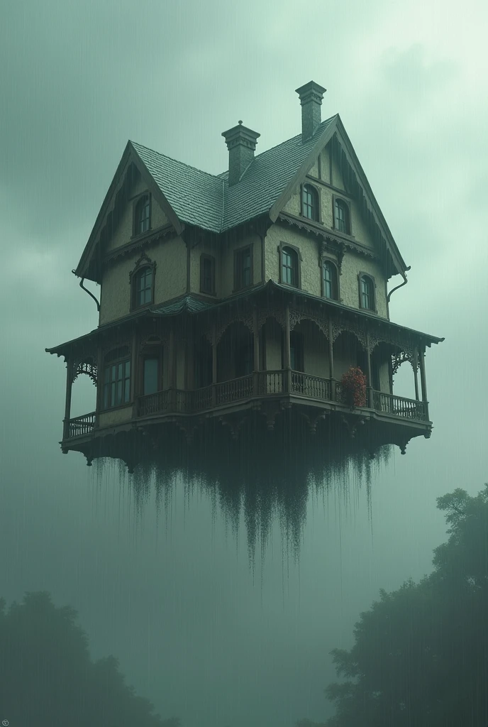Flying house with rainy day