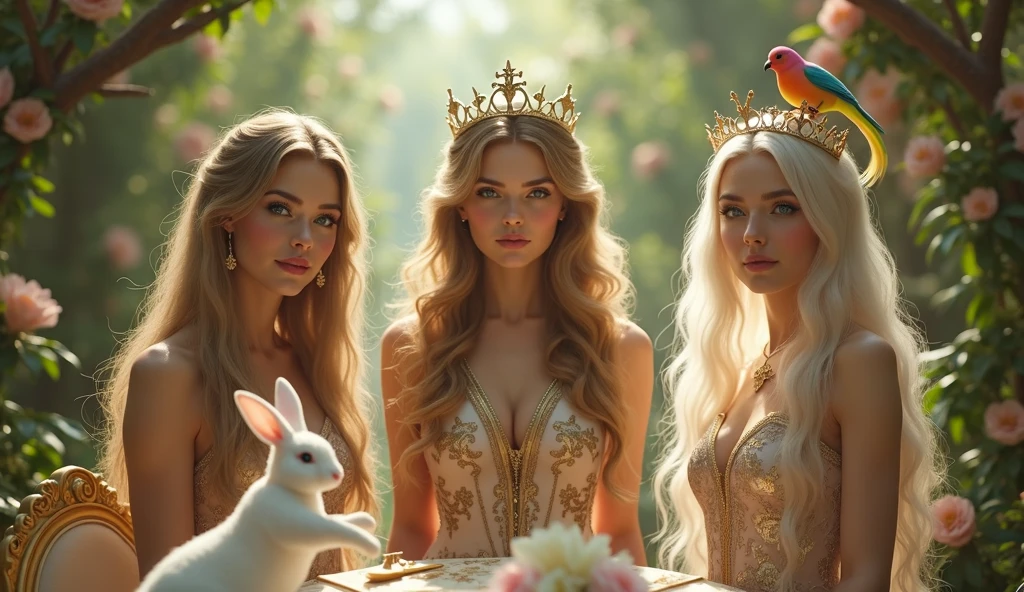 "A full-body shot of a realistic fairytale scene in a magical palace in a beautiful magical forrest, bathed in sunlighting."Beautiful pastel colour pallette." "A fairy queen 1 with realistic striking big blue eyes with eye makeup and a serious, direct gaze at the camera with golden extra long hair." " A Fairy queen 2 with golden-brown long curly hair in a thin light blue dress is standing by clapping her hands, looking at fairy queen1 smiling with her perfect shaped pearly white teeth and pursed lips". "Singing fairy princess with a long white hair in a sheer golden wet transparent dress outfit, big breasts, thin waist, big butt, looks provocative with her mouth almost sedusive at fairy queen 2 laughing." "Fairy queen 3"((doing hand stand with both hands on floor)), wearing a thin blue/green dress" "Her gold delicade fairy-crown, is hanging by the ends of her hair""The lighting is natural and bright, highlighting their features and casting a soft glow around their hair, creating a high-contrast effect that emphasizes the subject's presence. " "A white rapid sits in on a decorative dining table" "while a rainbow colored bird perches on the top of the thin royal thrown". The scene includes a messy fairy queens in a beautiful and magical forrest palace. "The vast environment paints a magical but weird admosphere". # Configuration settings clip_guidance_scale = 20 # High adherence to the detailed prompt, emphasizing facial features hr_scale = 2.0 # High resolution to capture intricate details in the hair and face. hr scale =2.0 # Perfect human female body. Best hands 1:1, super realistic hair 1:1, hyper realistic eyes 1:1, extra detailed delicate moist skin, most detaled and realistic face 1:1. #A realistic stage with thorough details and clear focus on the queens.