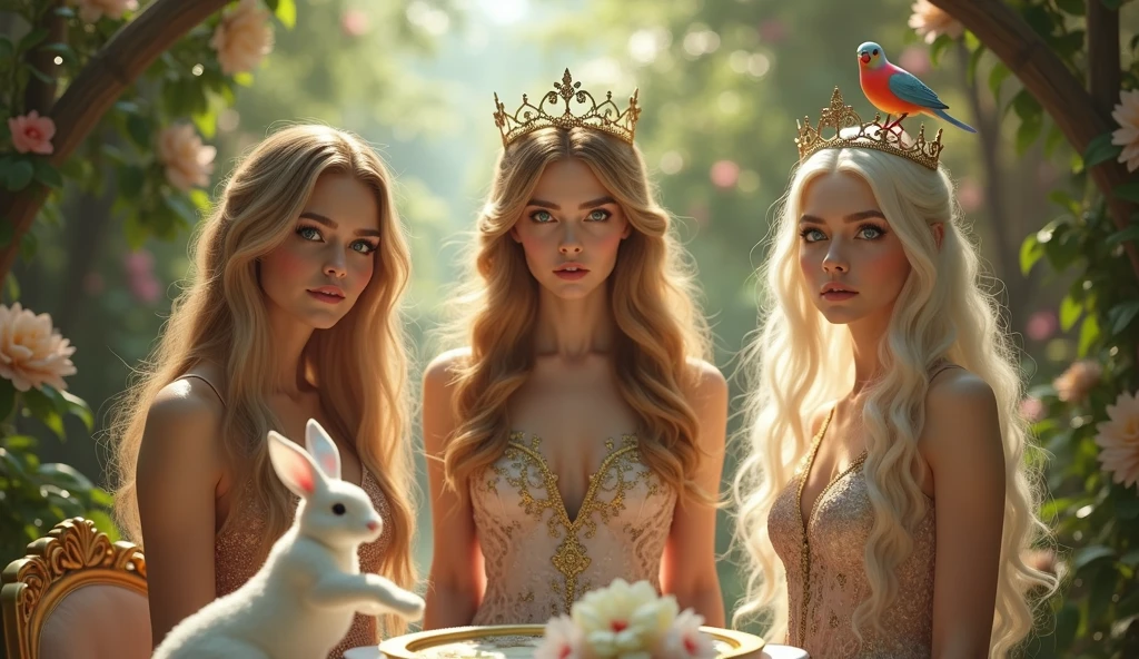 "A full-body shot of a realistic fairytale scene in a magical palace in a beautiful magical forrest, bathed in sunlighting."Beautiful pastel colour pallette." "A fairy queen 1 with realistic striking big blue eyes with eye makeup and a serious, direct gaze at the camera with golden extra long hair." " A Fairy queen 2 with golden-brown long curly hair in a thin light blue dress is standing by clapping her hands, looking at fairy queen1 smiling with her perfect shaped pearly white teeth and pursed lips". "Singing fairy princess with a long white hair in a sheer golden wet transparent dress outfit, big breasts, thin waist, big butt, looks provocative with her mouth almost sedusive at fairy queen 2 laughing." "Fairy queen 3"((doing hand stand with both hands on floor)), wearing a thin blue/green dress" "Her gold delicade fairy-crown, is hanging by the ends of her hair""The lighting is natural and bright, highlighting their features and casting a soft glow around their hair, creating a high-contrast effect that emphasizes the subject's presence. " "A white rapid sits in on a decorative dining table" "while a rainbow colored bird perches on the top of the thin royal thrown". The scene includes a messy fairy queens in a beautiful and magical forrest palace. "The vast environment paints a magical but weird admosphere". # Configuration settings clip_guidance_scale = 20 # High adherence to the detailed prompt, emphasizing facial features hr_scale = 2.0 # High resolution to capture intricate details in the hair and face. hr scale =2.0 # Perfect human female body. Best hands 1:1, super realistic hair 1:1, hyper realistic eyes 1:1, extra detailed delicate moist skin, most detaled and realistic face 1:1. #A realistic stage with thorough details and clear focus on the queens.