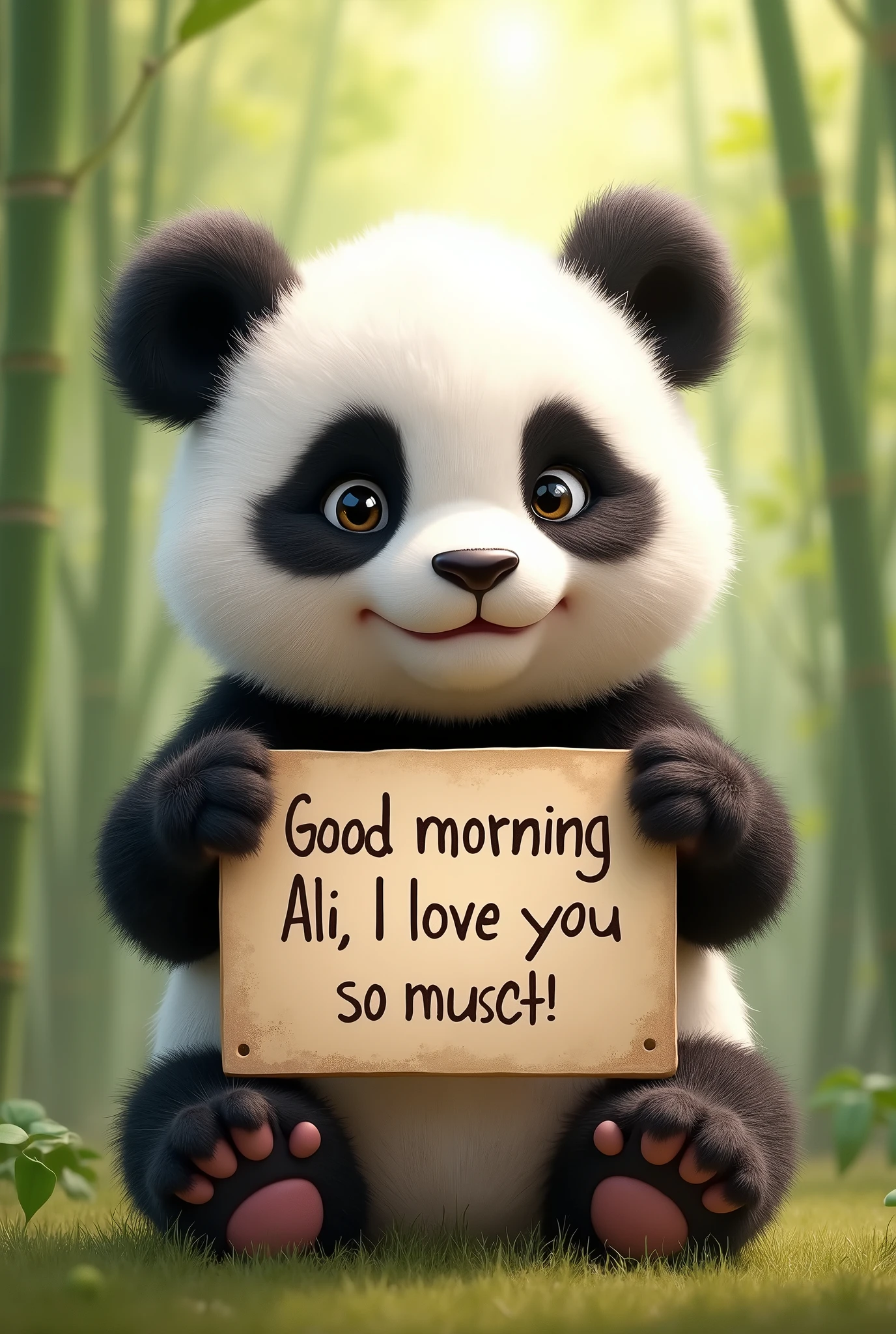 Cute baby panda bear with a sign that says good morning Ali I love you so much