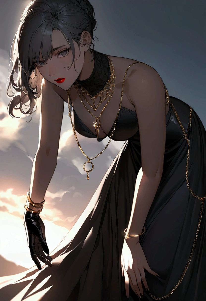 Her skin was white, her eyes were gray and her hair was black, a girl with a corpulent body with a black dress with a deep neckline and black heels with red lipstick, with a gold chain with a cloud pendant and black leather gloves that covered her wrist with a gold bracelet.