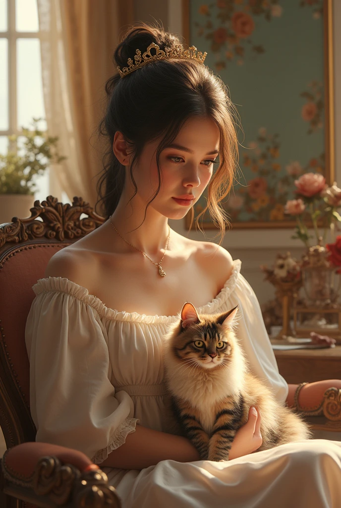 Young woman, Beautiful пушистый кот, auction, idyllic, magic scene, Beautiful room , (Best quality, 4K, 8 K, a high resolution, masterpiece:1.2), Ultra detailed, (realist, photorealist, photo-realist:1.37), warm lighting, bright colors, soft focus, fairy tale, dreamer, cosy, amazing, Beautiful, capricious, exquisite, charming, serene, peaceful, innocent, comforting, creative