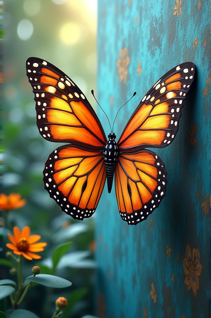 A beautiful butterfly painted by Rosie with vibrant colors and intricate patterns. The butterfly is flying gracefully out of the painting."