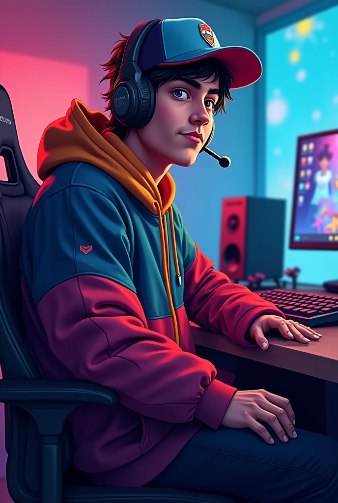 A youtube gaming channel logo with this name ARUNAKANTI GAMING, a young boy age 20 sitting on a gaming chair in front of a gaming desktop with hat and heatphone in head, looking cool and smart half body multicolored jacket