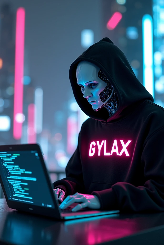 GIVE A FUTURISTIC BACKGROUND coding type ON WHICH A ROBOT HUMANOID SITTING DOING CODING ON A
Open LAPTOP , wearing a BLACK HOODIE WHICH HAVE A TEXT APPEAR IN NEON COLOR TEXT IS
"G Y L A X " IN CLEAR WORDS VISIBLE TO US
IT SHOULD BE G Y L A X IN CAPITAL LETTER