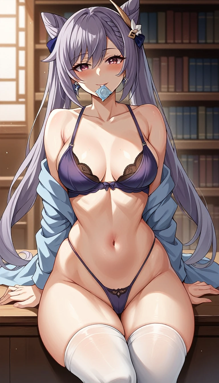 library, huge ass, medium breasts, Score_9, score_8_up, score_7_up, score_6_up, source_anime, rating:general, 1girl, beautiful woman, mature, beautiful body, curvy, white skin, front view, looking at viewer, excited, seductive look, seductive smile, sexy pose, slut, horny, condom in mouth, 1 girl, keqing \(genshin impact\), bra, thong, white thighshigh, 8k, high quality, wallpaper