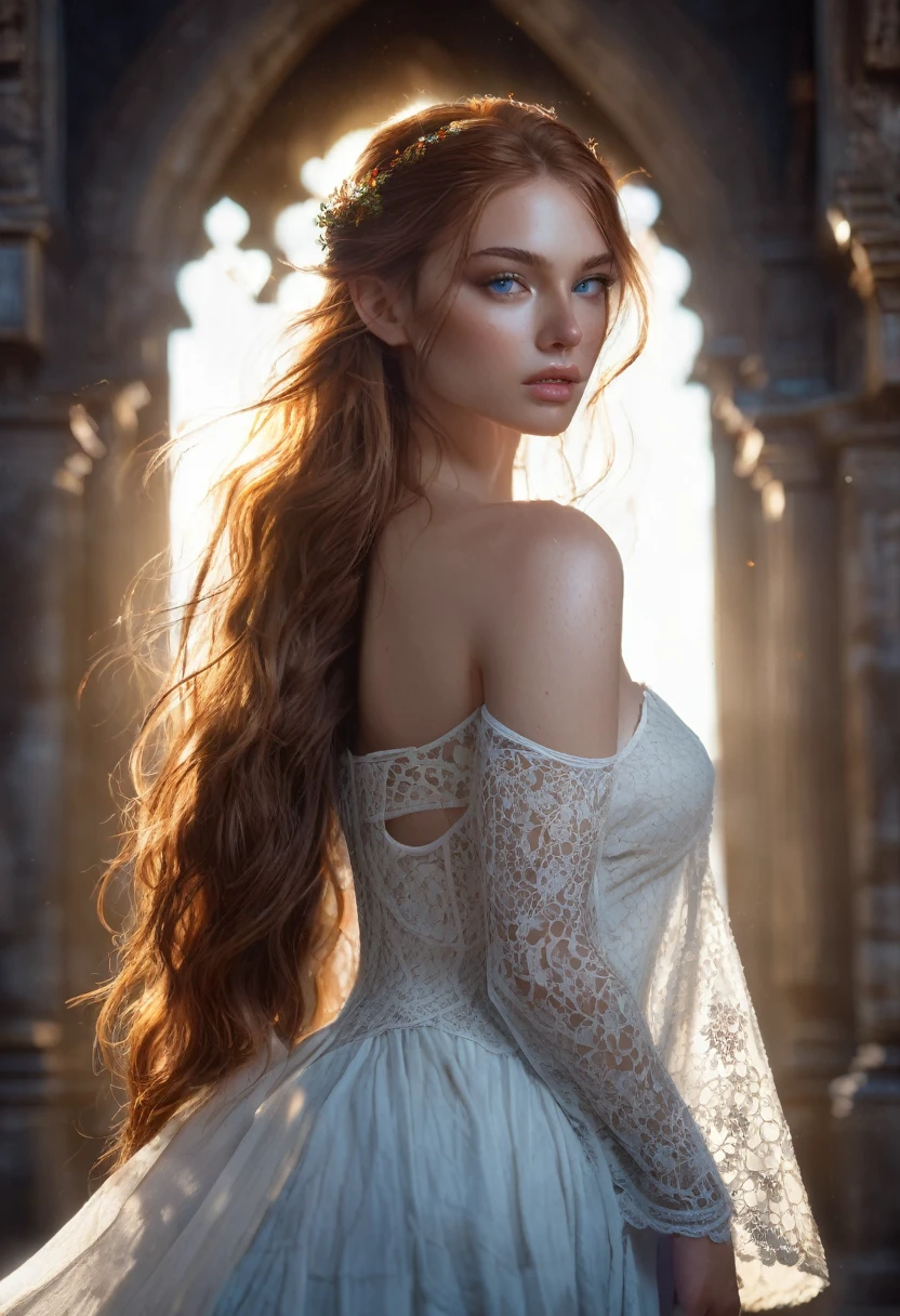 A woman, sensual, she is an adult, she has elf ears, long golden brown hair falling over her shoulders, (((a woman with long brown hair 1.7)))(((very beautiful))), perfect faces, she is inside an empty room of a castle at night with the moonlight on her body, dark and cold palette, white sheer lace dress, grayish blue eyes, 8K, freckles on her face, beautiful breasts, tribal tattoos on both arms, extremely detailed, (high quality, realistic, photorealistic: 1.37), ideal proportions and defined skin, meticulously crafted features, unapproachable beauty, perfection, artistic art, vivid realism, hyper-detailed sculpting, realistic shapes, truly inspiring, impeccable craftsmanship, pure brilliance, ethereal beauty, delicate contours, striking poses, sublime beauty, subtle nuances, dynamic compositions, vibrant colors, perfect lighting, moving expressions, heavenly aura, majestic presence, atmosphere dreamlike, unmatched detailed octane rendering trend on artstation, 8k art photography, photorealistic concept art, cinematic volumetric soft natural light, chiaroscuro, award winning photography, fine art, oil on canvas, beautiful, detailed, intricate, insane