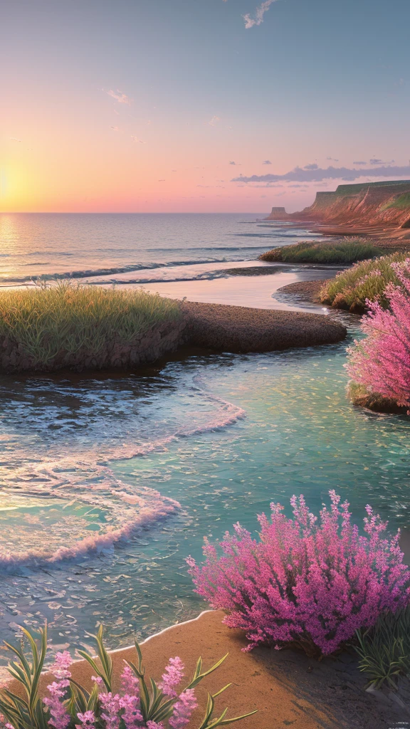 paysage mer, Eau,coucher du soleil,fleurs,(Highly detailed CG Unit 8k wallpaper), The most beautiful work of art in the world, Professional majestic oil painting, complexe, High detail, mise au point nette, dramatique, Art of photorealist painting,