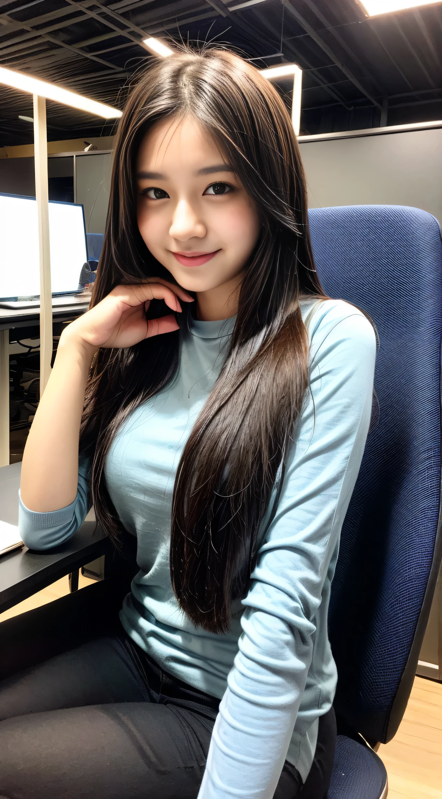 ovely cute young attractive age girl, village girl, 1, cute, an Instagram model, long black_hair, colorful hair, winter, wear indian saari blue color, sitting at chair in tech company,, clean face, realistic eye with detailing, working online on computer table, hold the mouse with right hand, smiling face