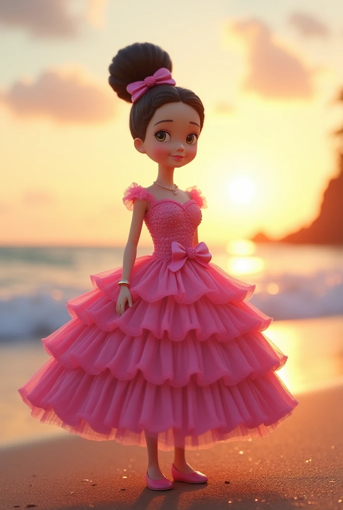 Japanese people nobita wearing a pink barbie dress on the beach at dusk