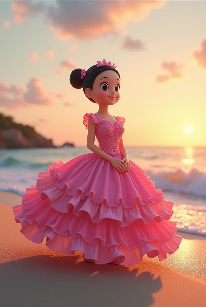Japanese people nobita wearing a pink barbie dress on the beach at dusk