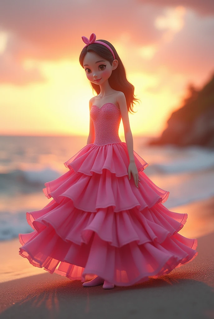 Japanese people nobita wearing a pink barbie dress on the beach at dusk