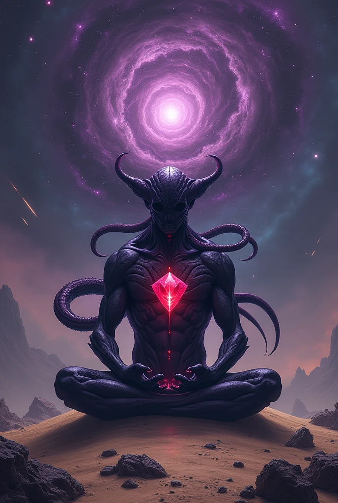 Create a hyper-realistic, super-detailed digital painting of a cosmic dark entity meditating in the lotus position on the surface of a desolate planet. The entity, with a gloomy face and no distinctive features, It has a muscular humanoid body covered in dark, organic tentacles that flow and twist around it., almost as if they were alive. on his chest, A bright red crystal is embedded, pulsating with dark energy, emanating fine veins of light through her skin.

Above the head of the entity, A cosmic vortex of purple and black colors spins, with a glowing mystical orb in the center, radiating power and projecting an ethereal light. Around the vortex, small particles of energy, similar to tiny comets, They move creating an effect of dynamism. In the distance, on the horizon, you can see remains of ancient colossal structures, half buried in the dusty soil of the planet, hinting at an extinct civilization.

The background shows a vast galaxy full of stars, with purple nebulas and distant cosmic phenomena, creating a feeling of infinite space and power. The skies are dotted with floating asteroids, some of them shrouded in a faint cosmic mist that swirls gently. In the foreground, Dark rock fragments gently levitate around the entity, as if suspended by their power. The lighting is dark and ominous, with the main light sources being the glowing red crystal and the mystical orb, whose lights interact creating deep shadows and highlighting the details in the body of the entity and the terrain around it.

The color palette is dominated by deep shades of purple., black and touches of red, evoking a sense of mystery, cosmic power, and desolation. Details include intricate textures on the planet&#39;s surface, such as cracks and small crystalline formations, that add realism and complexity to the sc