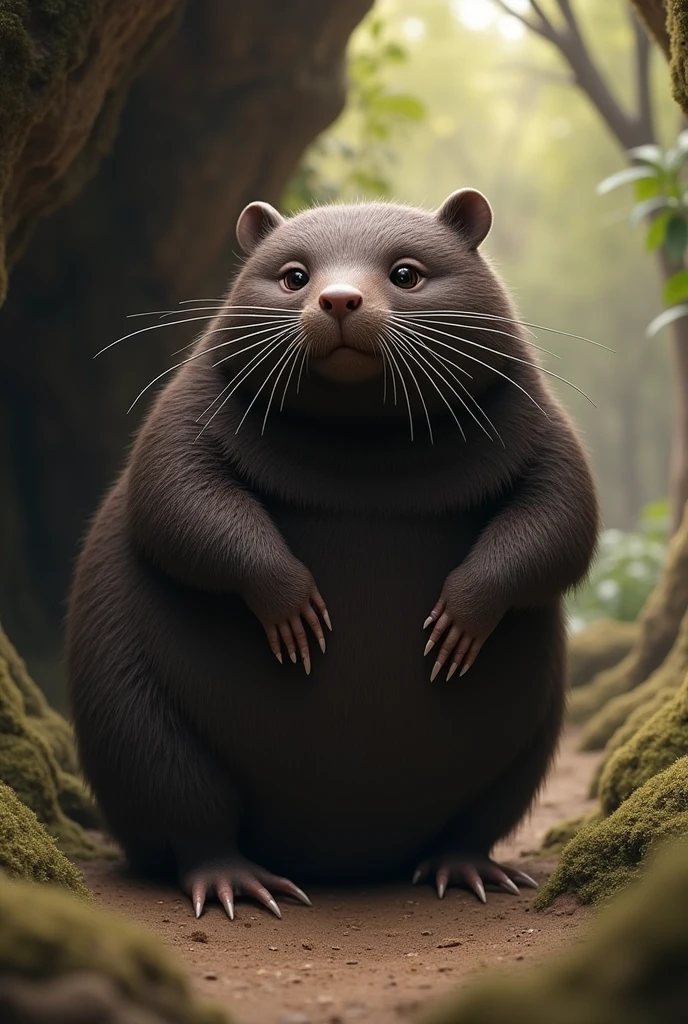 In his natural form, Molyus is a large, dignified mole with a velvety dark brown coat, small, intelligent eyes, and long, sensitive whiskers. His presence exudes a sense of calm and reassurance.