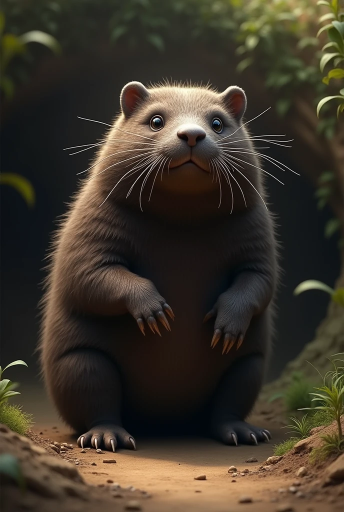 In his natural form, Molyus is a large, dignified mole with a velvety dark brown coat, small, intelligent eyes, and long, sensitive whiskers. His presence exudes a sense of calm and reassurance.