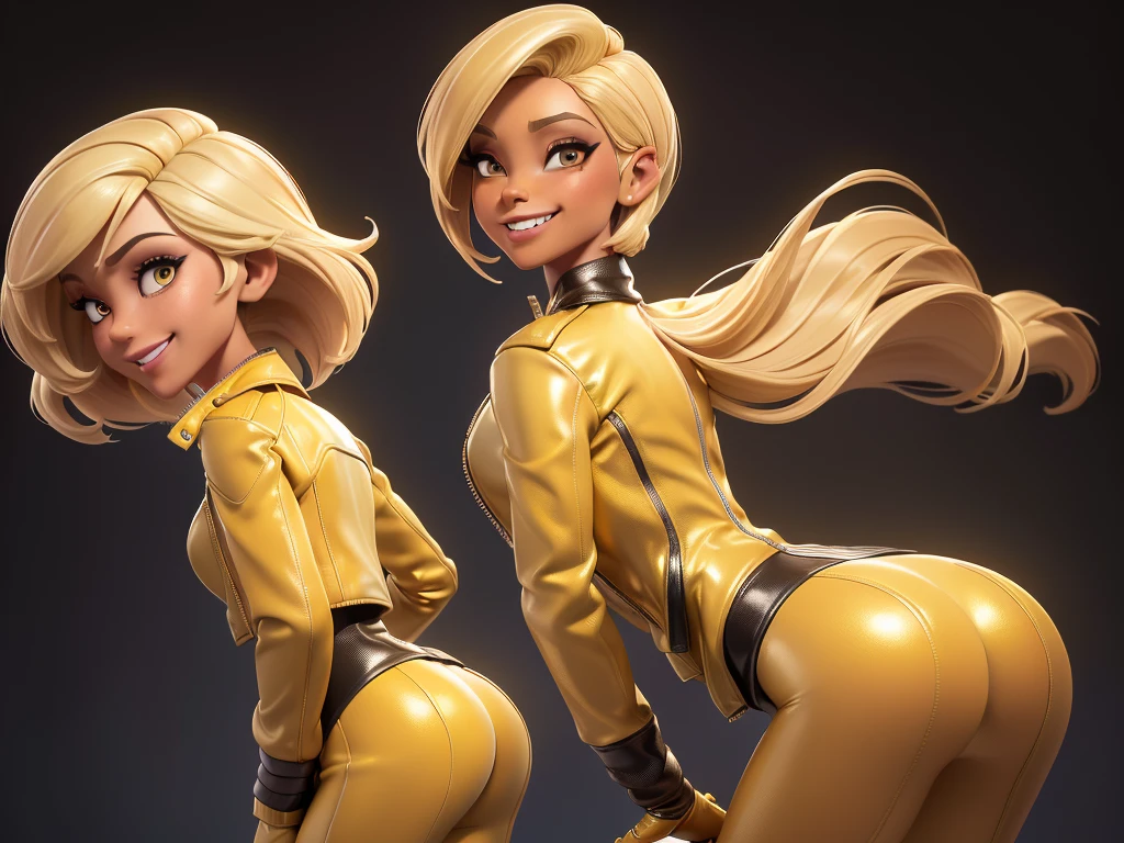 obra prima, melhor qualidade, ((only one woman,)) ((pixie lott, dark tan skin, blonde bob hair, heavy makeup eye shadow, sweet toothy smile,)) (((wearing thigh length dark yellow metallic leather jacket,))) (((jacket is zipped up, jacket covers waist and ass,))) ((jacket has stiff high collar,)) ((gold pvc gloves,)) body is very skinny, standing up, (((arched back, shoulders leaning way back, hips twisting, head tilted way back, chin up,))) ((camera side view, extreme closeup view of upper body,)) shallow depth of field, highres, HD, 8k, anatomically correct