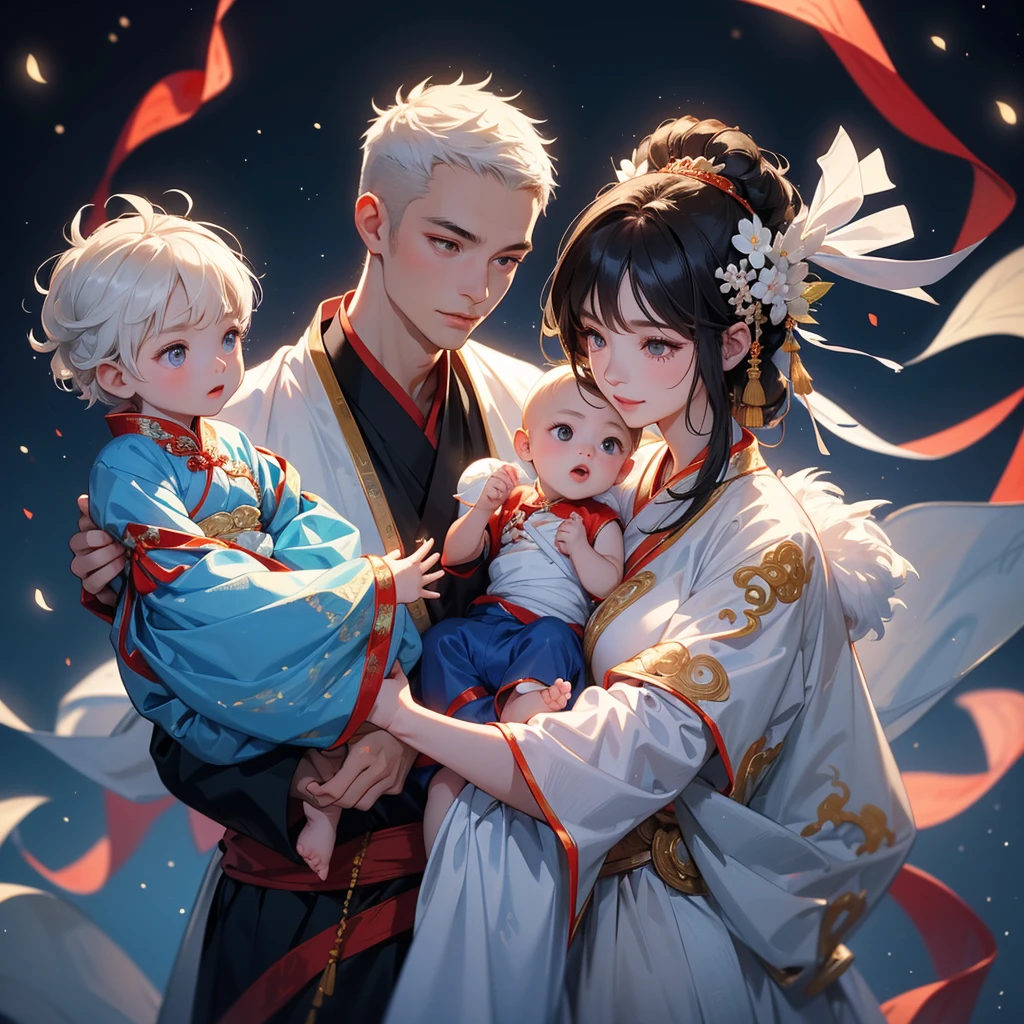 A one-year-old baby boy in an ancient Chinese baby costume with his beautiful mother, dressed in an white ancient Chinese costume, playing with each other, with his handsome father standing next to his mother, close up.
Background is a dark night, with moonlight and millions of stars, twinkling everywhere, with blue light.