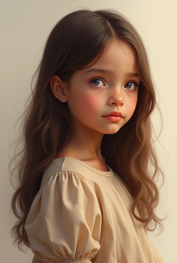 one , child, long brown hair, violet eyes, brown skin, beige dress