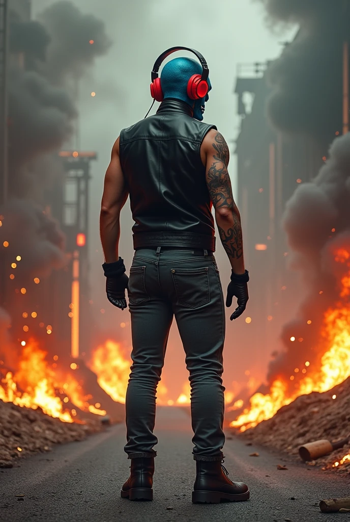 create an image of a man with a skull head, with their backs turned and looking back, he is wearing a black leather vest, jeans and boots. His skull is dark blue and he wears red headphones. . the background is a landscape where he is on the asphalt with fire, spark and smoke