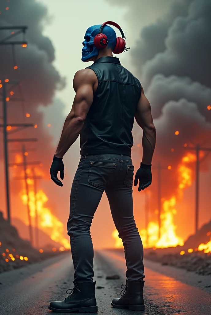 create an image of a man with a skull head, with their backs turned and looking back, he is wearing a black leather vest, jeans and boots. His skull is dark blue and he wears red headphones. . the background is a landscape where he is on the asphalt with fire, spark and smoke