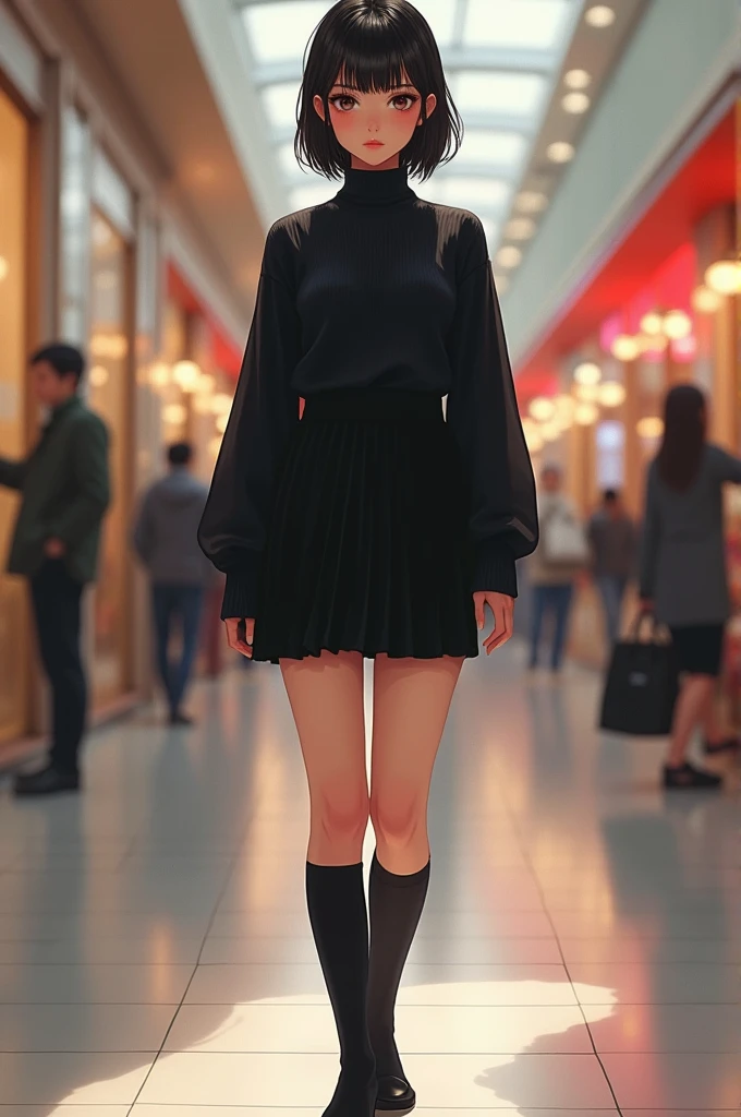 Make a realistic picture of a real-life girl. "15 years", and that it is low as "1,55 mts" that she is very pretty and light-skinned with short black hair and a good body with big breasts and big thighs and that she is not too thin or fat but a balance between the two, that is, that she is slender but not fat and that she has very pretty red lips and that she has Japanese eyes. But that she is of Peruvian nationality and that she is wearing a long black sweater and that she is wearing a slightly short black skirt and long black socks and black shoes and that she is in a shopping center waiting for someone..