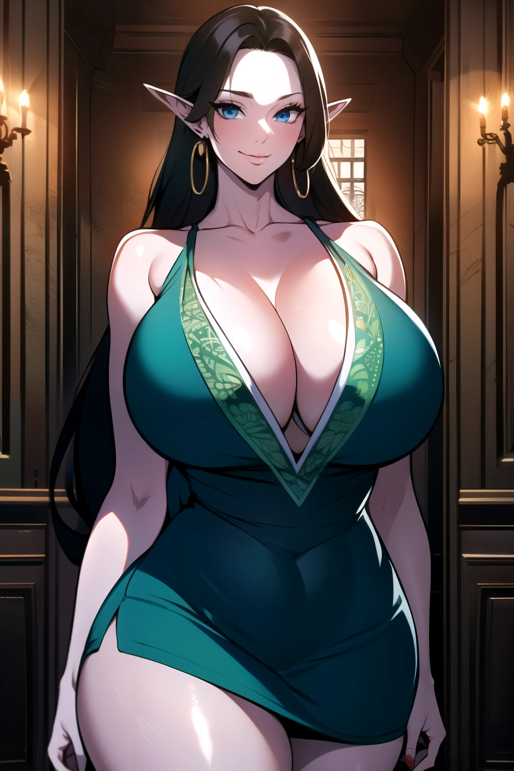 ultra realistic 8k cg, masterpiece, ((ultra detailed background, intricate detail, highly detailed, fine details best quality, hyperdetailed face)), gigantic breasts ,beautiful lighting, absurdres, BoaHancockV2, 1girl, solo, black hair, long hair, jewelry, closed mouth, ), cleavage, minidress, bare shoulders, curvy, midriff, curvy, thighs, shiny clothes), blue eyes, complex detailed background, indoor, palace), ((cowboy shot)), curvy, (gigantic breasts: 1.4), seductive smile, cowboy shot,, earrings, jewelry, elf ears